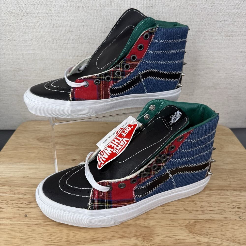 Vans Sk8-Hi Tartan Daze Denim Studded Shoes Size Men's 6.5/Women's 8 Red Blue